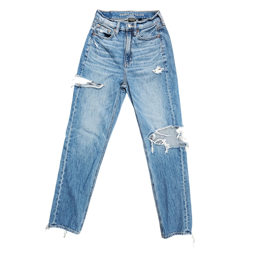American Eagle 90s Boyfriend Women 00 Blue Highest Rise Distressed Jeans Relaxed